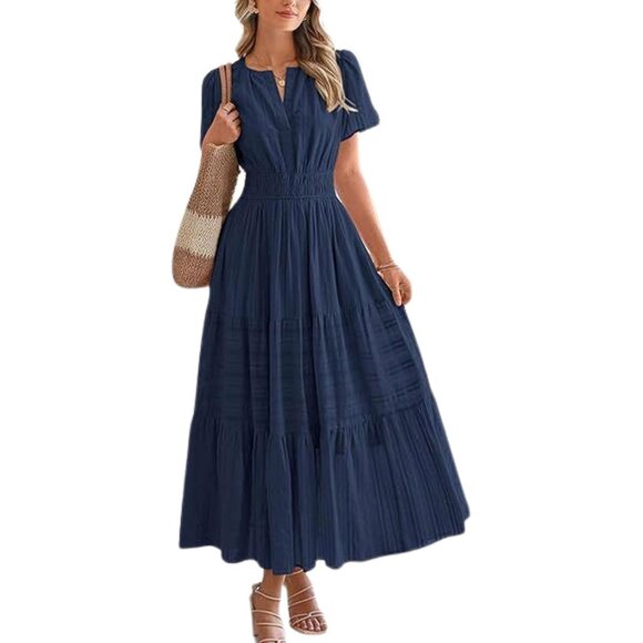 Women's Maxi Dress Cotton Polyester Elastic Waist Summer Casual V Neck - Picture 1 of 6